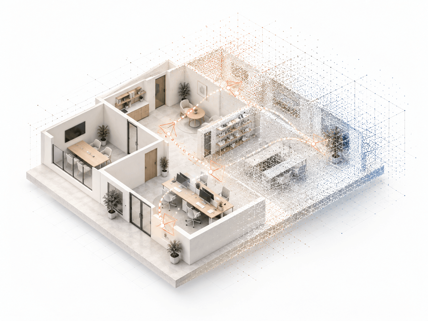 An office floor cut away in isometric view, with a camera's path through its rooms dissolving into a point cloud