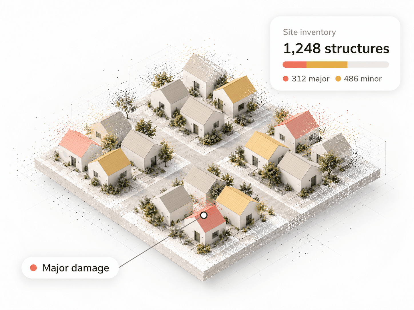A reconstructed neighbourhood, every structure inventoried and shaded by how badly it was damaged