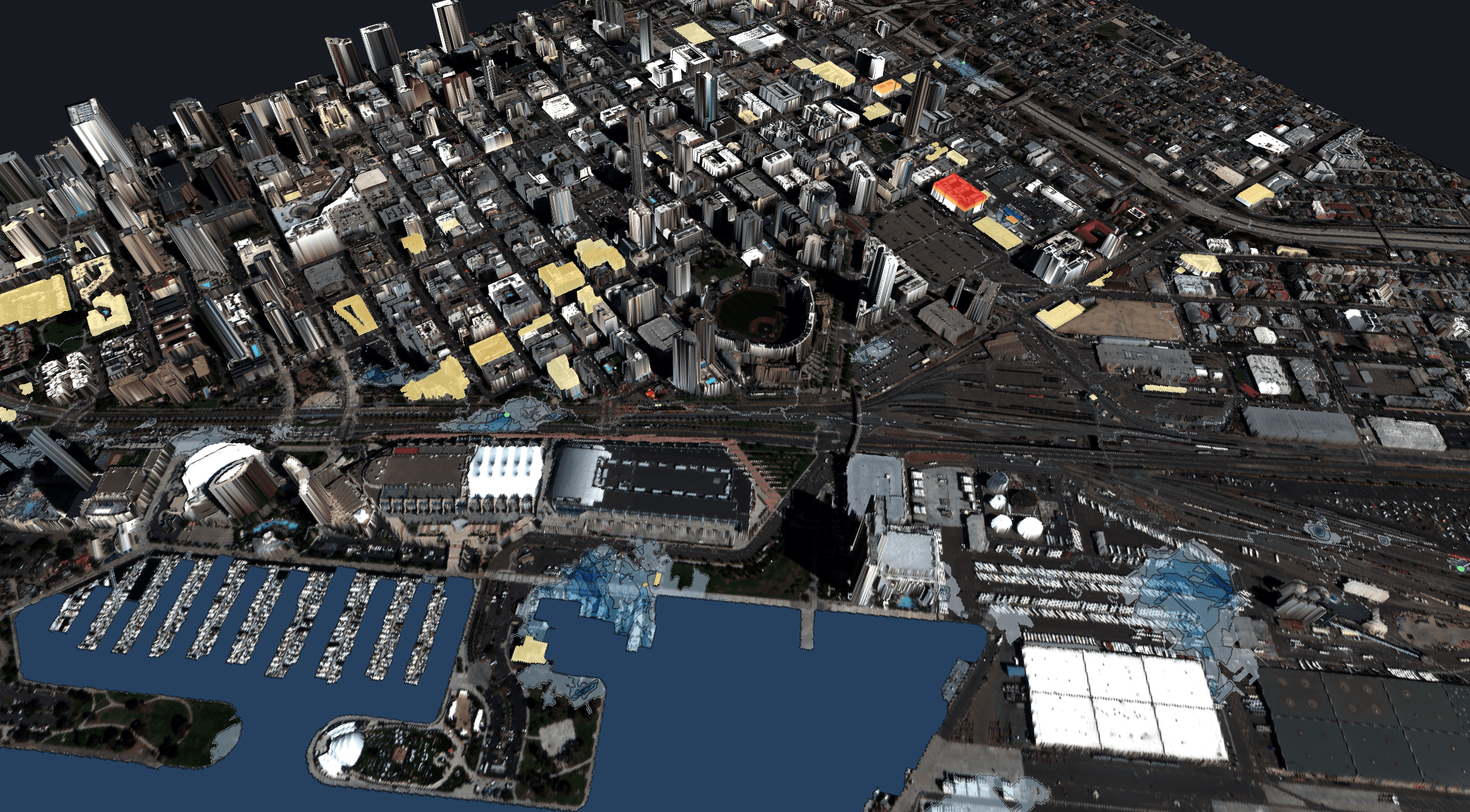 Downtown San Diego reconstructed in 3D mid-storm, flooded buildings tinted yellow to red by depth