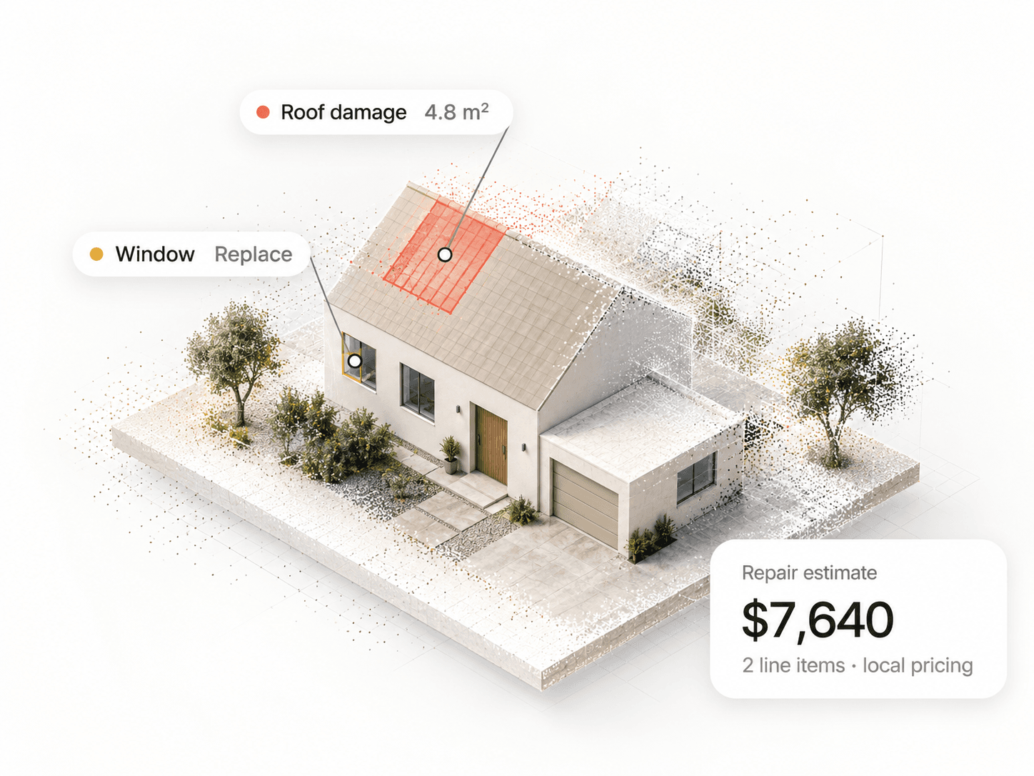 A reconstructed house with a damaged area marked on its roof and the repair estimate it produces