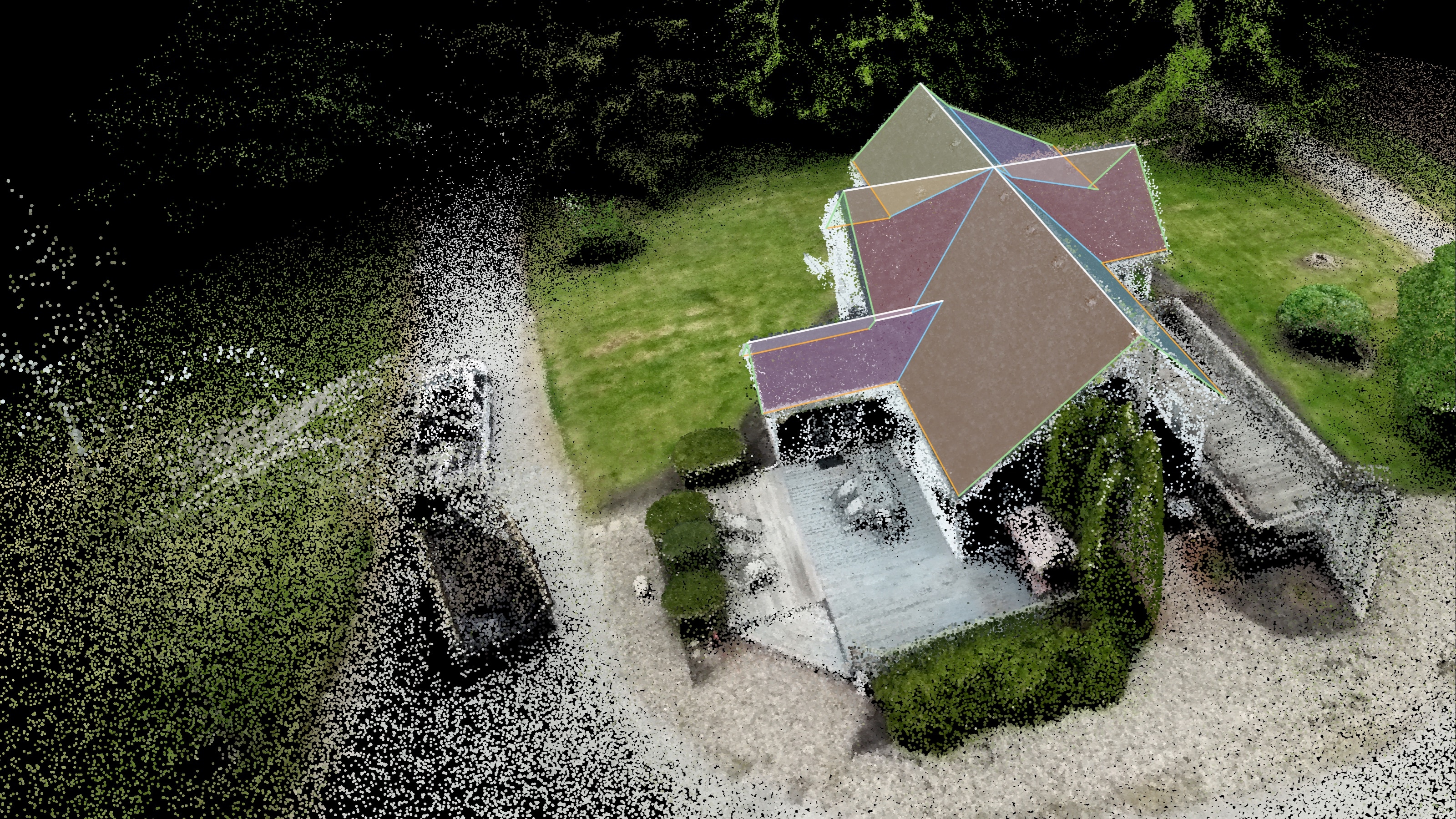 A house reconstructed as a point cloud from above, its roof solved into coloured planes